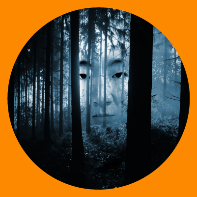 a woman's face peeks out from a forest