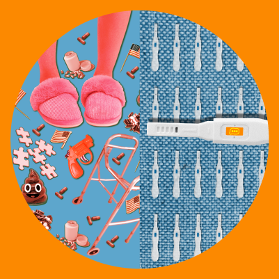 a collage of household objects in pink, blue and orange