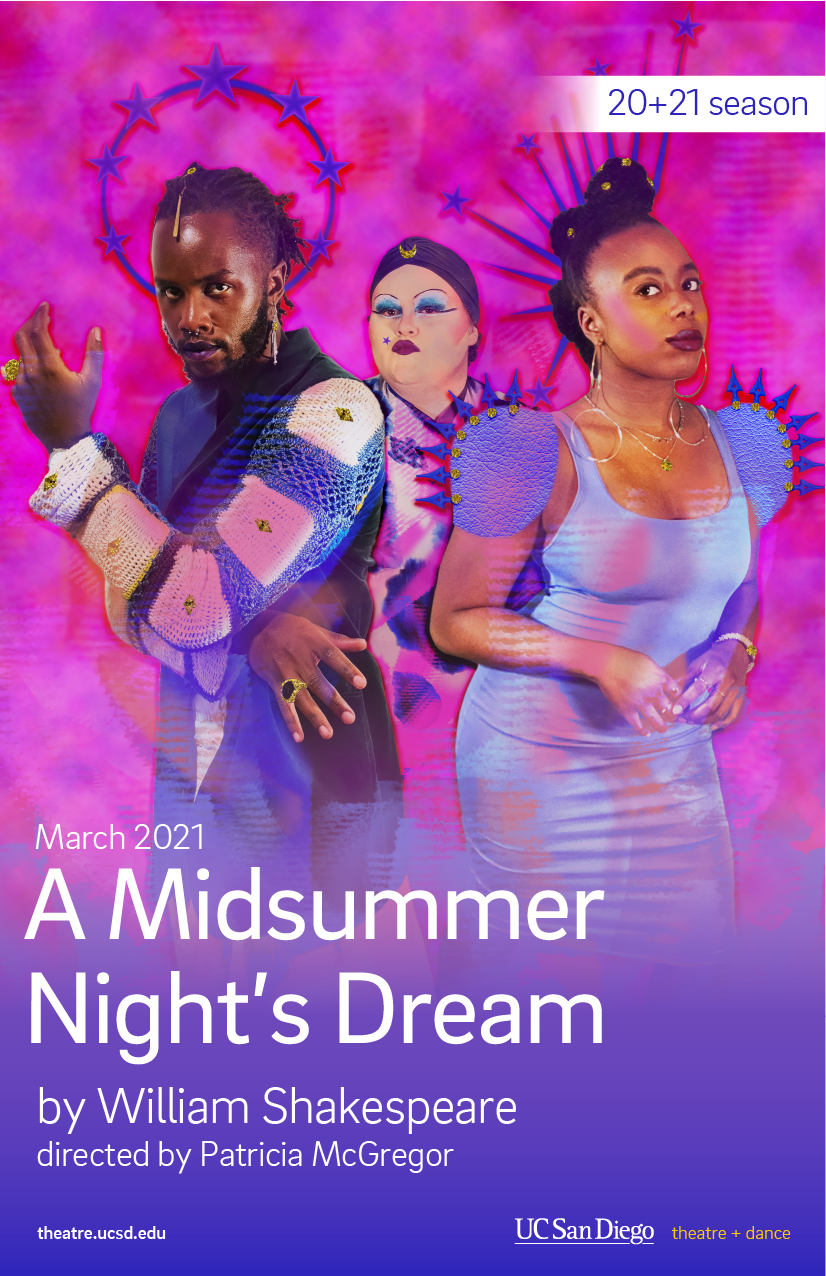 Midsummer Program, featuring three actors on a pink background