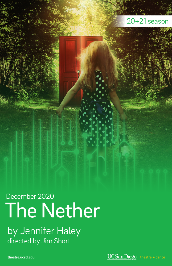 Nether Poster Image: A young girl in a field is enveloped by a green circuitboard